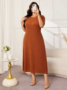 Lacomfia Plus Size Women's Simple Versatile Diamond Argyle Pattern Round Neck Short Sleeve Sweater Dress - Bronze - View 5