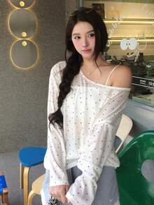 Dazy Tall Women's Large Scoop Neck Long Sleeve Polka Dot Casual Pullover T-Shirt Fall - White - View 3