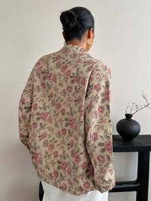 Dazy Plus Floral All-Over Print Lapel Pocket Punk Loose Street Casual Long Sleeve Denim Jacket Fall - Pink - View 2
