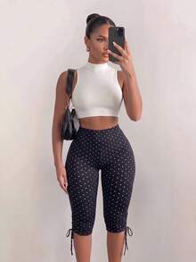 Pariaura 2pcs/Set White High Neck Sleeveless Tank Top And Long Drawstring Pants With Round Print Gym Workout Black Polka Dot Summer Casual Athleisure - Black and White - View 3