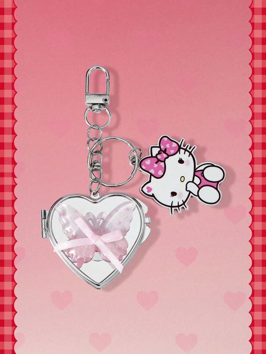 HELLO KITTY AND FRIENDS | SHEIN 1 قطعة سلسلة مفاتيح مرآة على شكل فيونكة فضية Y2K بتصميم حب، قلادة حقيبة فريدة - متعدد الألوان - مشاهدة 1