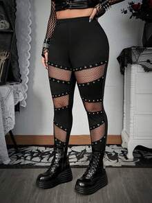 Whyspr Grunge Punk Darkwear Party Plus Size Punk Style Mesh Patchwork Grommet Leggings - Black - View 6