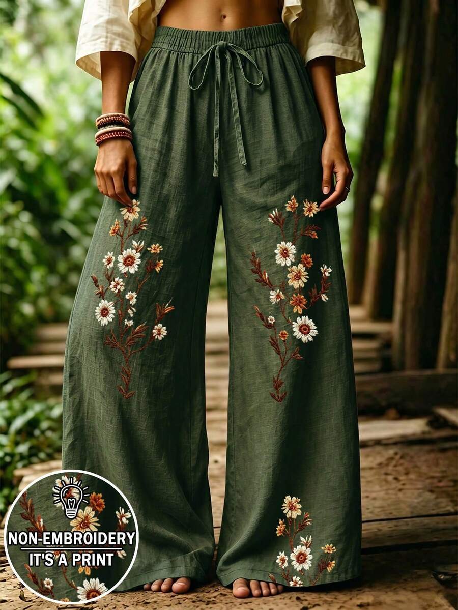 Selamara 波希米亞 Boho 風格綠色花卉雛菊仿刺繡長褲,秋季復古田園高腰鬆緊腰寬鬆垂墜寬腿褲,野餐穿搭 - 彩色 - 查看 1