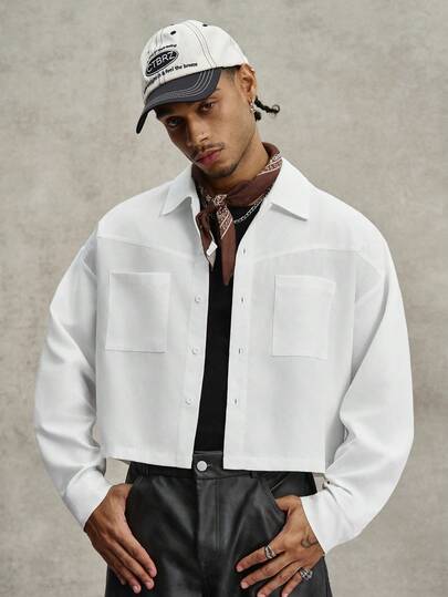 TOKVUE Men's White Autumn Streetwear City Break Solid Color Patchwork Long Sleeve Shirt,Boxy Fit,Casual Vacation Gift For Him