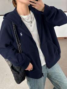 SHEIN 青少年女孩藍色可翻面抓絨刺繡馬匹休閒寬鬆冬季夾克，簡約學院風休閒夾克 - 藏蓝色 - 查看 6
