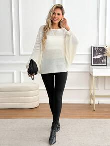 SHEIN Sweater Rajut Wanita Gaya Kelelawar Berongga, Modis, Kasual, Klasik, Serbaguna, Cocok untuk Liburan, Makan Siang, Warna Krem Putih, Musim Gugur - Aprikot - View 4