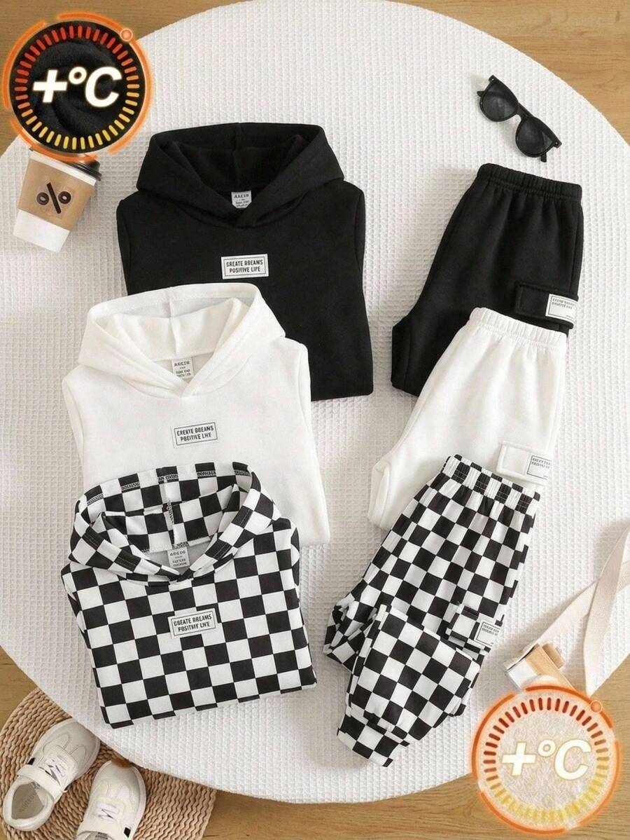 3pcs Celana Jogger Anak Laki-Laki Musim Gugur/Dingin Kasual Serbaguna Warna Polos & Pola Papan Catur Pinggang Elastis Paket Multi-Pack - MultiWarna - View 1