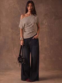 SHEIN BAE Kaos Wanita Gaya Minimalis Kasual Motif Garis Cokelat, Leher Asimetris, Cocok untuk Musim Semi/Panas, dan Pakaian Kantor - MultiWarna - View 5