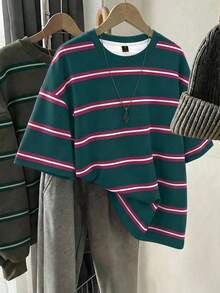 SHEIN EZwear 韓式粉色與白色條紋圖案圓領T恤，日常秋冬返校女款標準版夏季上衣，休閒街頭風 - 彩色 - 查看 6