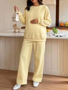 Lyckli Maternity Letter Print Long Sleeve Top And Adjustable Waist Long Pants Casual Daily 2 Pieces Set Fall - Yellow - View 3