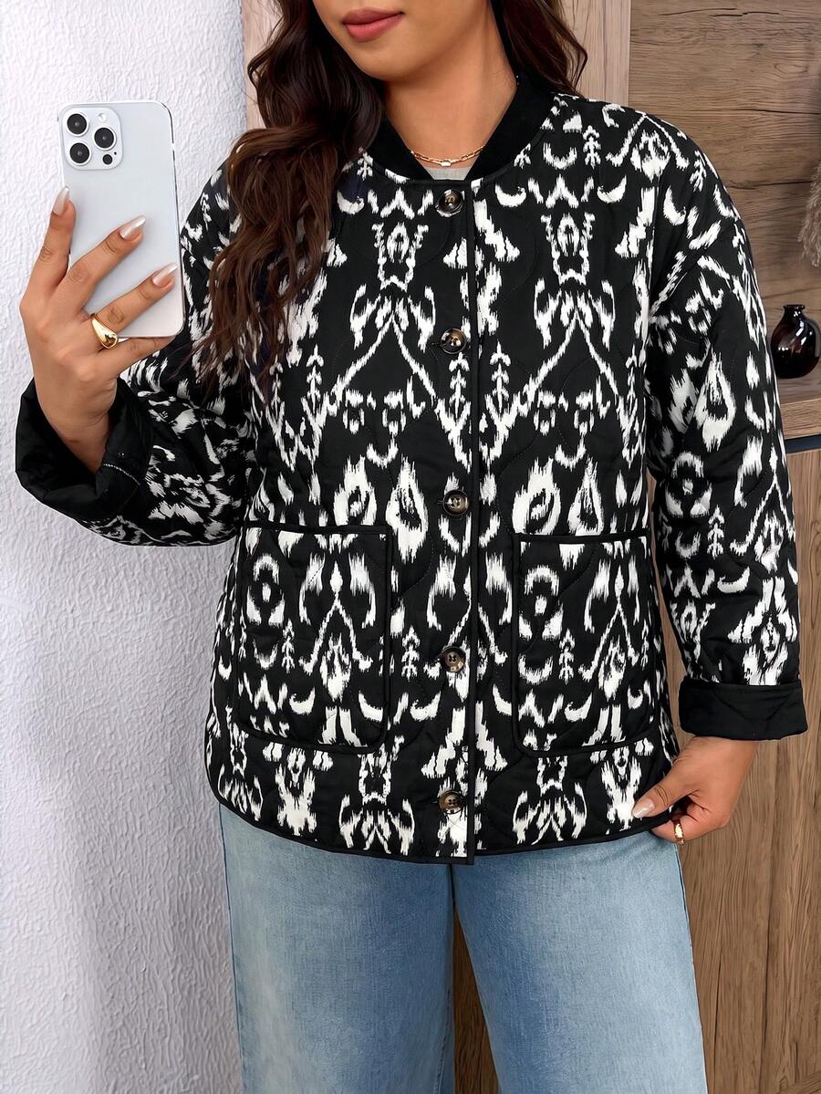 Lounesse Plus Size Printed Contrast Color Single-Breasted Long Sleeve Pocket Padded Coat