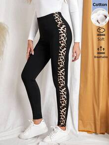 Easowa Legging Patchwork Motif Leopard untuk Wanita, Pakaian Kasual Musim Gugur/Dingin, Pakaian Sehari-hari untuk Berpergian, dan Bergaya Dasar. - Hitam - View 6