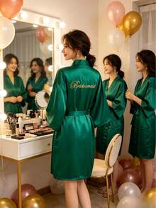 Soft Silky Satin Embroidered Bridal Morning Robe For Bride Bridesmaid Wedding Daily Wear Vacation - Bridesmaid Green - View 5