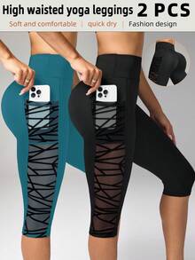 SHEIN Velisys Leggings de sport yoga patchwork avec poches en maille, longueur 7/10 - Multicolore - Voir 1