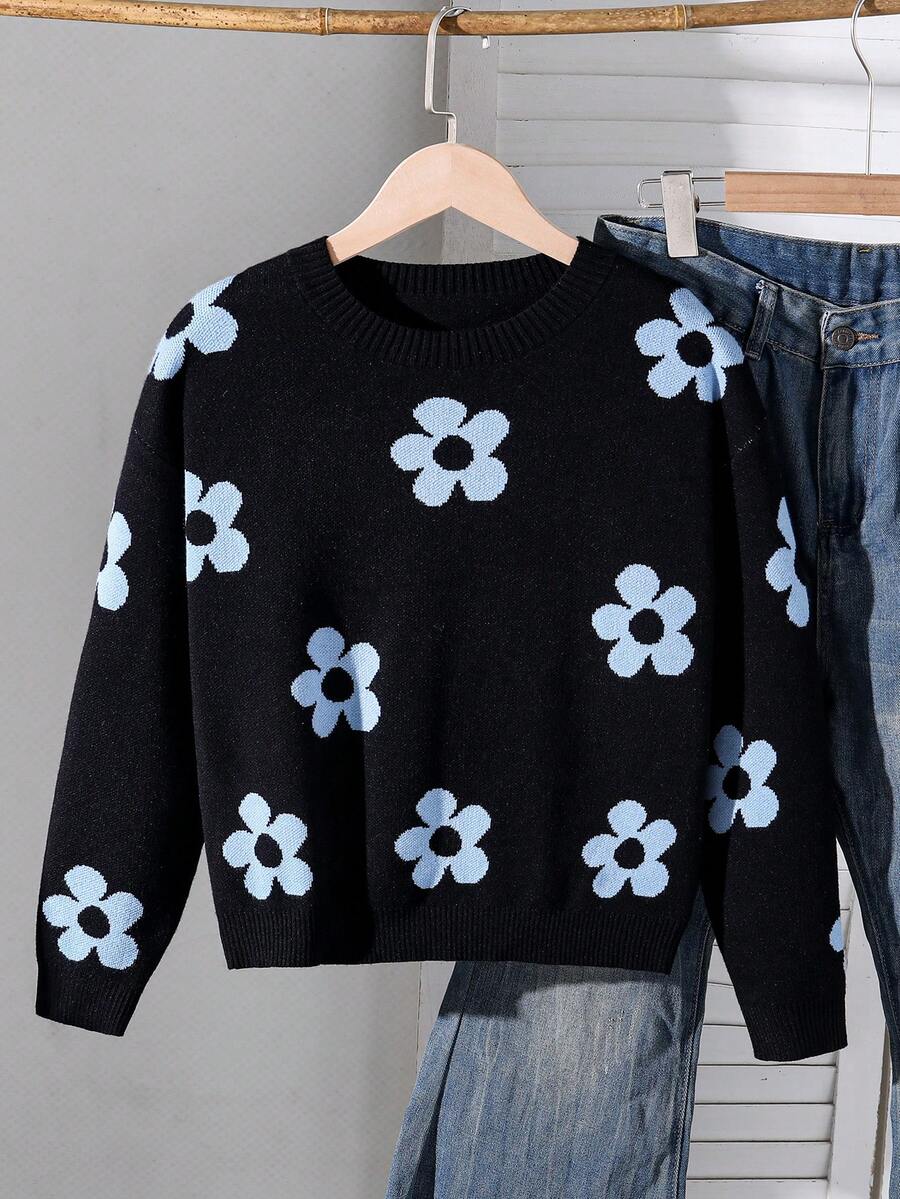 SHEIN 少女花卉圖案圓領長袖休閒毛衣 - 黑色 - 查看 1