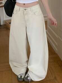Dazy Plus Wing Print Design Loose Curved Leg Long Denim Pants All Season Cute Tops - Apricot - View 4