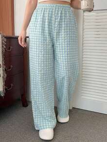 Dazy Plus Elastic Waist Plaid Loose Long Home Wear Cute Casual Pajama Bottoms Fall - Mint Blue - View 6