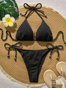Swim Vcay 女款夏季海灘度假泳池派對度假純色掛脖綁帶比基尼兩件式泳衣套裝 黑色 - 黑色 - 查看 1