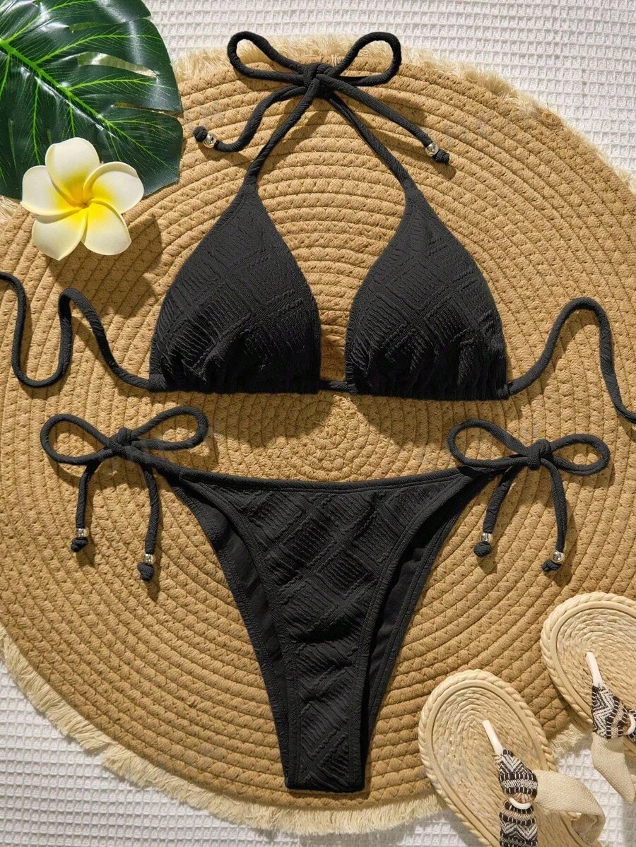 Swim Vcay 女款夏季海灘度假泳池派對度假純色掛脖綁帶比基尼兩件式泳衣套裝 黑色 - 黑色 - 查看 1
