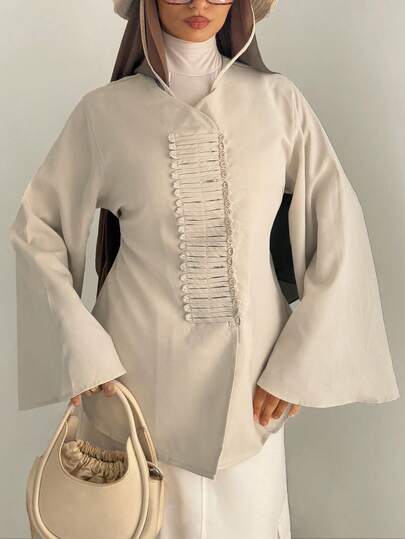 Solavon Women's Versatile, Casual, Light Apricot V-Neck Shirt Featuring Decorative Buttons, Long Sleeves, And A Waist-Cinching Tie For A Flattering Fit.
