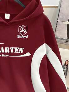 SHEIN 青少年女孩針織拼色字母印花圖案寬鬆休閒秋季衛衣 - 酒紅色 - 查看 4