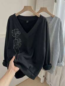 SHEIN LUNE 女款休閒V領抓絨衛衣2件套，適合秋冬，現代都市時尚商務休閒辦公穿搭，低調老錢風 - 彩色 - 查看 8