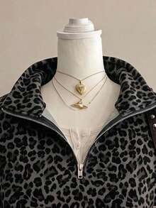 SHEIN EZwear 女款經典豹紋半拉鍊運動衫，灰色深藍色，休閒復古 70 年代街頭風，Y2K 復古，秋冬日常上衣 - 彩色 - 查看 3