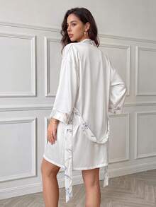 Rafferiza Conjunto de Camisola e Roupão de Dormir com Estampa de Flor e Renda, 2 Peças Conjunto Branco de Lingerie Nupcial, Roupas de Outono e Inverno - Branco - Visão 2