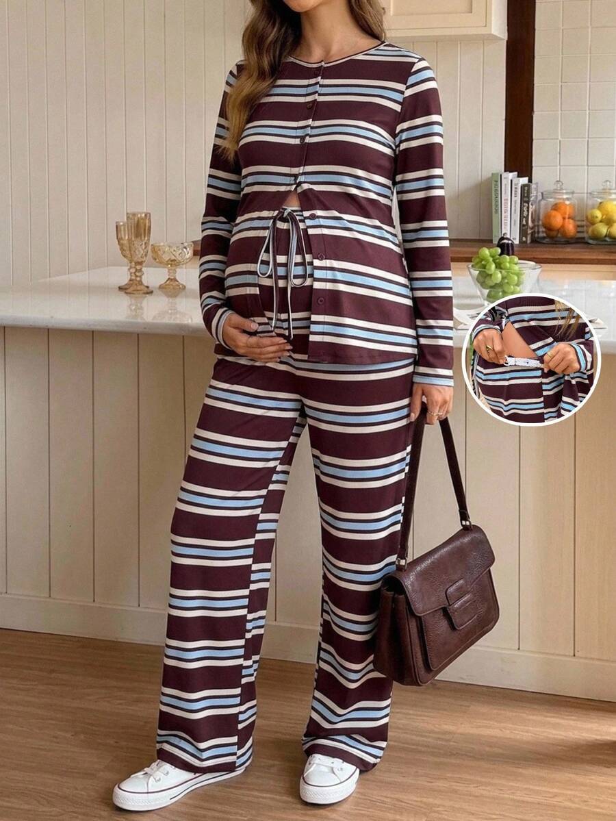 Lyckli Maternity Round Neck Striped Pattern Long Sleeve T-Shirt And Long Pants Casual Soft Form 2 Pieces Set Autumn Dates Vacation Gender Reveal Burgundy - Multicolor - View 1