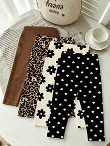 Souflis Souflis (Random 4 Pieces,Send 1 Piece)Baby Girl Simple Black Base White Heart Flower Leopard Print Basic Leggings, Suitable For Spring, Summer, Autumn, Winter, All Seasons Daily Wear - Multicolor - View 2