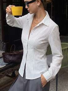 Livesso Women's White Cotton Long Sleeve Lace Ruffle Button-Up Slim Fit Cinched Waist Shirt - White - View 8