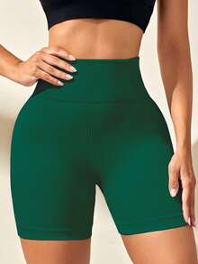 SHEIN Sports 1pc Women's Seamless High Elastic Wide Waistband Vertical Ribbed Running Fitness Workout Outdoor Streetwear Base Layer Sports Shorts - Dark Green - View 2