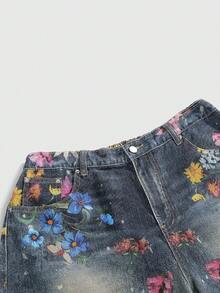 ROMWE Fairycore Celana Pendek Denim Kancing Motif Bunga Gaya Streetwear Vintage Ukuran Plus - Biru - View 3