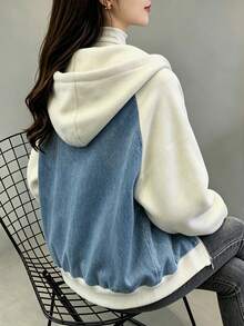 INAWLY Women's Raglan Long Sleeve Patchwork Denim Effect Print Zipper Front Drawstring Hooded Sweatshirt - Multicolor - View 2
