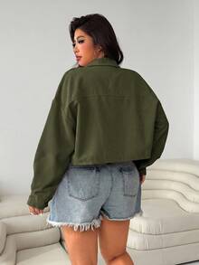 SHEIN EZwear 女款大尺碼軍綠色長袖單排扣休閒夾克外套 秋季 - 軍綠色 - 查看 2