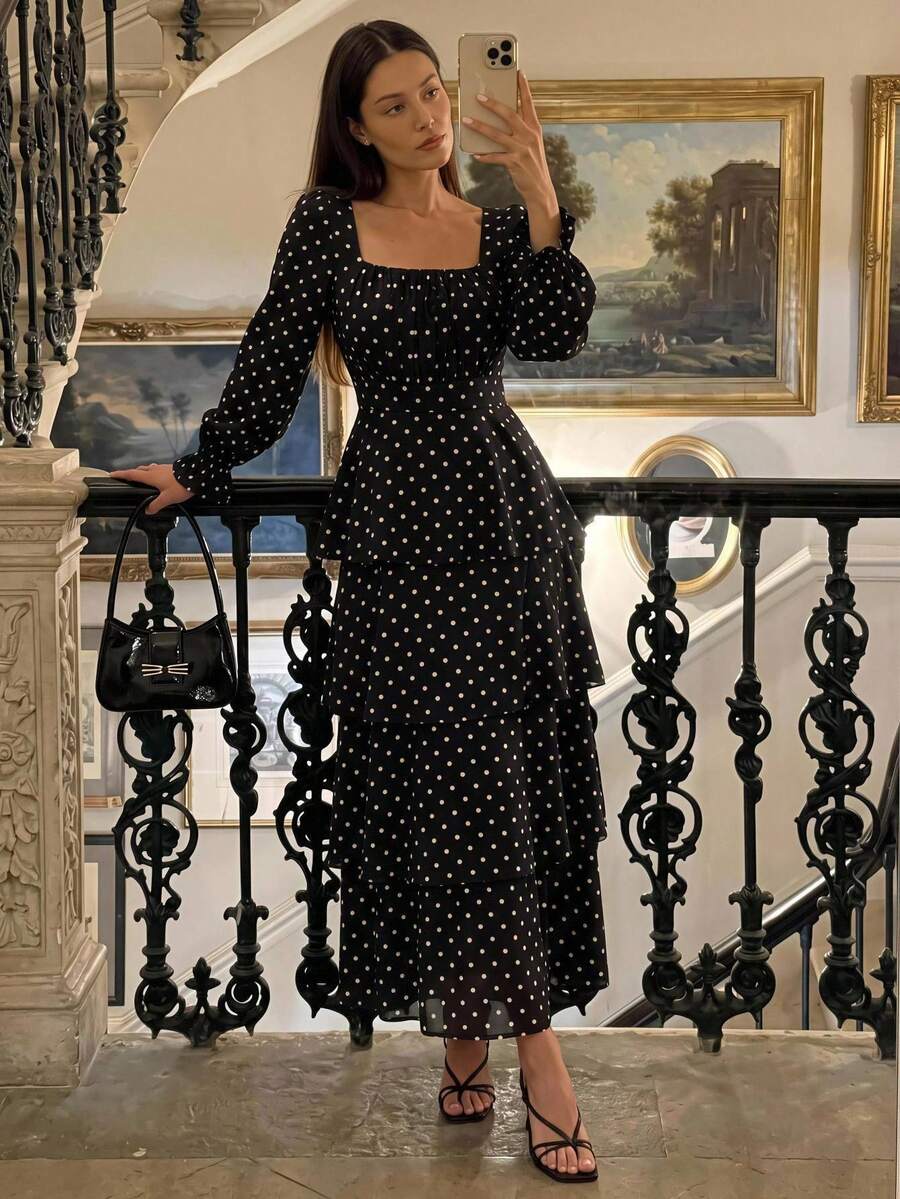 KARISMINA Women's Polka Dot Square Neck Multi-Layer Ruffle Hem Elegant Long Dress,Polka Dot Tiered Maxi Dress, Tiered / Layered,Vacation,Wedding Guest - Black - View 1