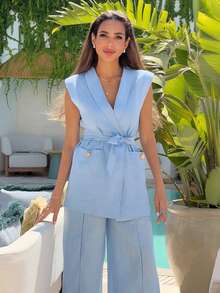 Alya Khalil WOMEN'S 100% LINEN SLEEVELESS BLAZER, SPRING/SUMMER - Baby Blue - View 3