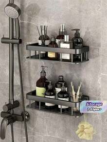 No Drill Bathroom Shelf, Wall-Mounted Storage Rack, Shower Gel And Cosmetics Organizer Bathroom Accessories And Tools - Black - View 2