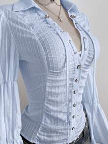 Elamini 女款白色長袖襯衫，優雅休閒通勤穿搭，秋冬日常穿著，百搭收腰紋理布料 - 淺藍色 - 查看 7