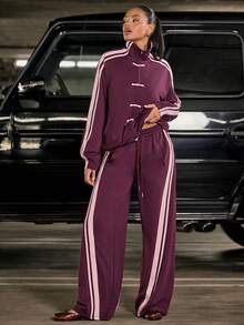 Hauture Women's Sexy Casual Striped Patchwork Wide Leg Loose Fit Sweatshirt Pants - Red - View 1