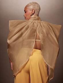 Vixey Elegant Sheer Organza Overlay Layering Neck Tie Top - Brown - View 4