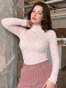 Dazy Plus Ditsy Floral High Neck Long Sleeve Fitted Lace Trim Casual Base Layer Top T-Shirt Spring Autumn Vacation - Pink - View 5