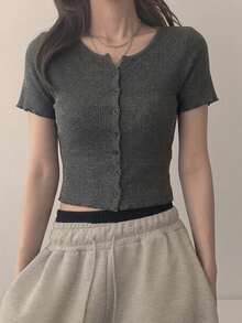 DAZY Women's Fitted Cropped Long Sleeve Ribbed T-Shirt Summer - Grey - View 5