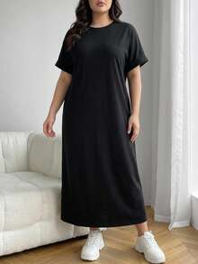 Dazy Plus Solid Color Casual Loose Long Black Versatile Knit Dress - Black - View 3