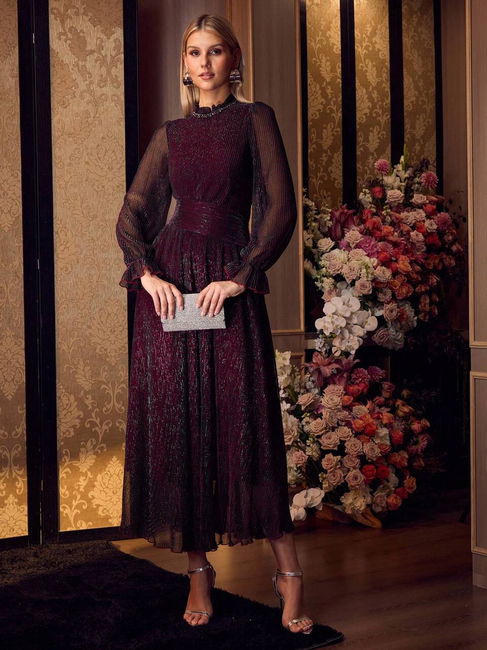 MOTF LONG SLEEVE COLORFUL SILK DRESS