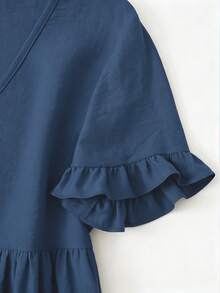 Linhara Plus Size Solid Color Linen Summer Slimming Frill Trim Shirt Holiday Summer Vacation Outfit Top - Blue - View 3