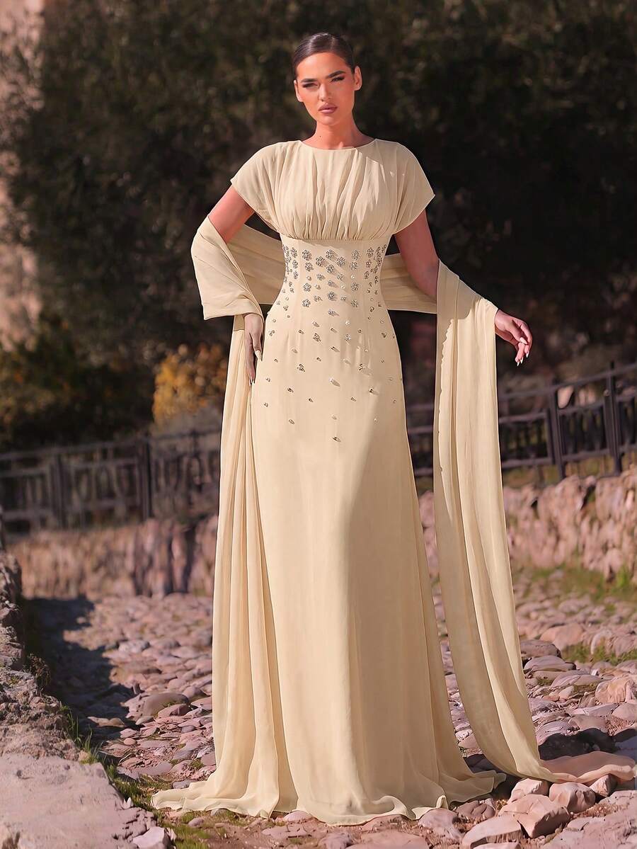 Aureia 優雅浪漫時尚雪紡布料水鑽裝飾抓皺貼身A字裙 派對禮服 婚禮賓客禮服 單身派對禮服 正式晚禮服 - 杏色 - 查看 1