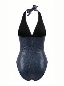 SHEIN Swim 女士新款夏季 V 领露背性感连体泳衣、海滩/度假装 - 黑色 - 查看 12