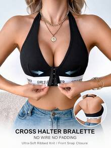 SHEIN 1件女款字母腰帶掛脖式前扣無鋼圈無墊胸罩 - 黑色 - 查看 1