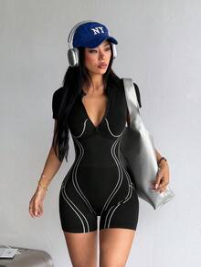 StreetHx 女款拼色休閒運動性感日常健身戶外運動連身褲 黑色 夏季 - 黑色 - 查看 1
